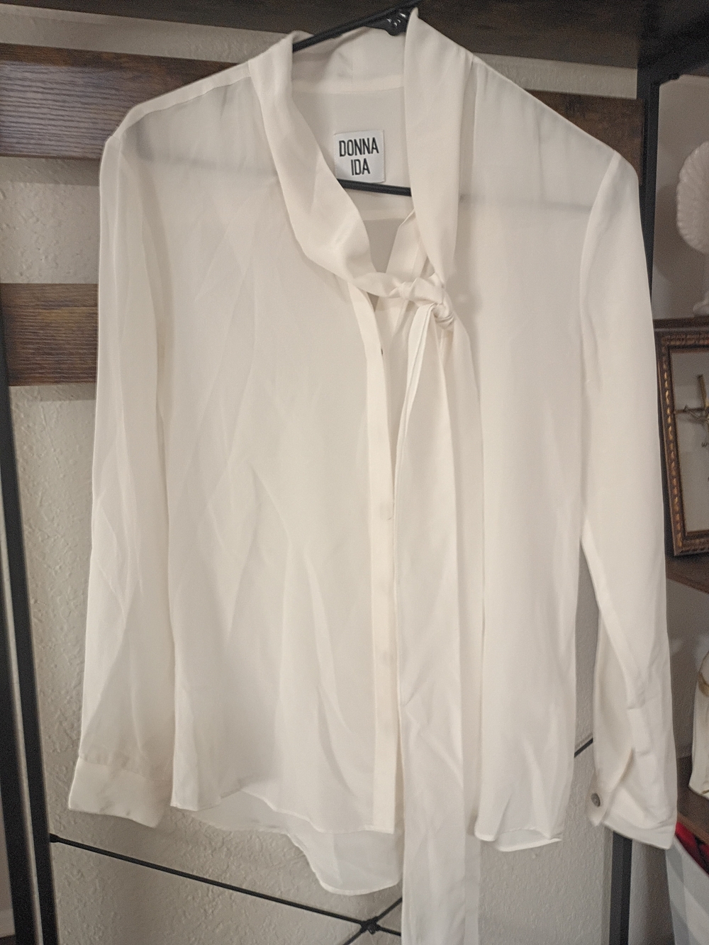 Donna Ida 100% Silk Ivory Tie-Neck Blouse